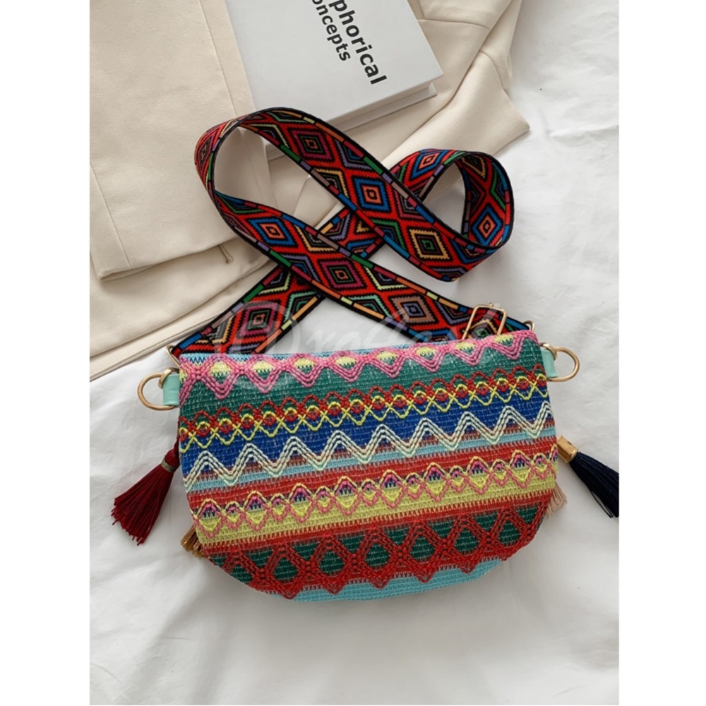 Boho Embroidered Fanny Pack Style Crossbody Bag with Tassels - Picture 5 of 16